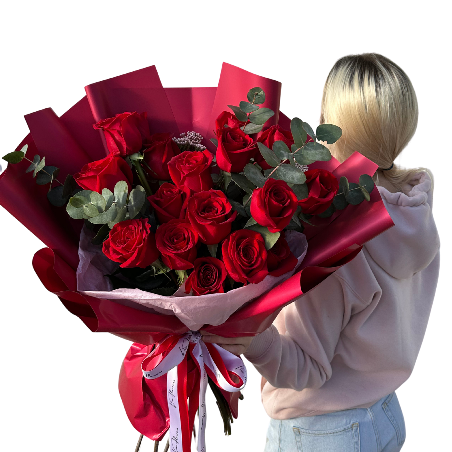 Red Dozen with Eucalyptus - Valentine's Day