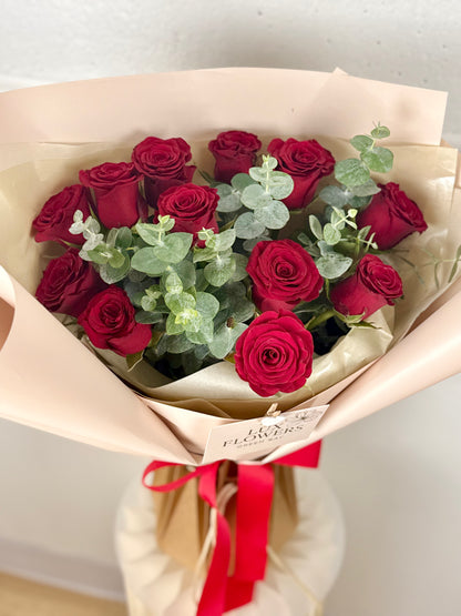 Red Dozen with Eucalyptus