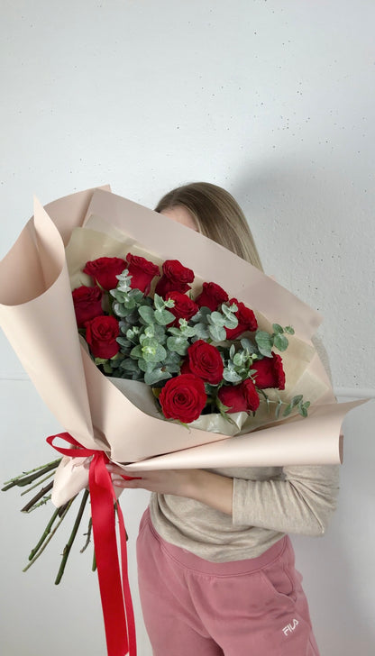Red Dozen with Eucalyptus