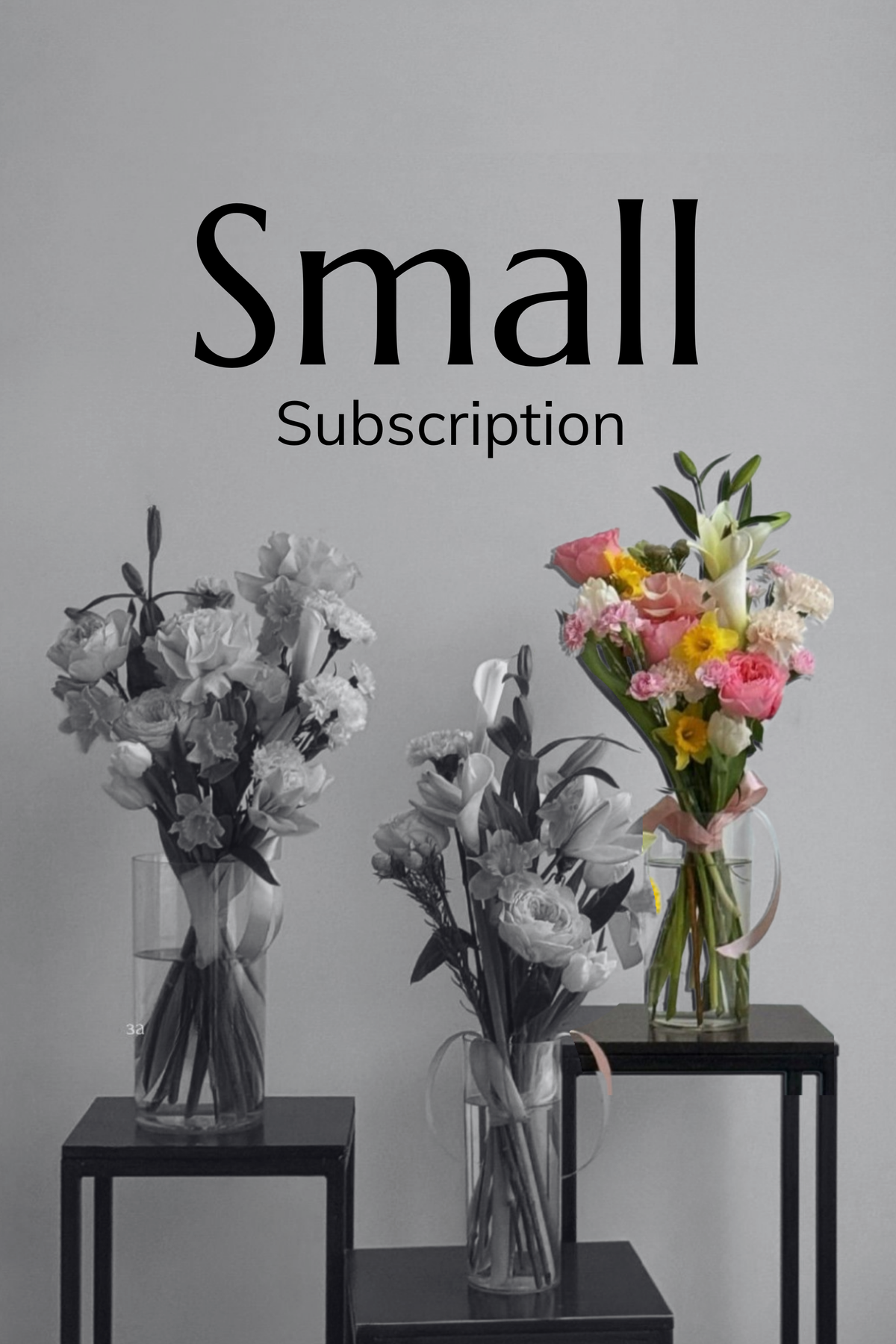 Three flower bouquets in clear glass vases displayed on black tables against a light gray wall, with large overlaid text reading 'Small Subscription'.
